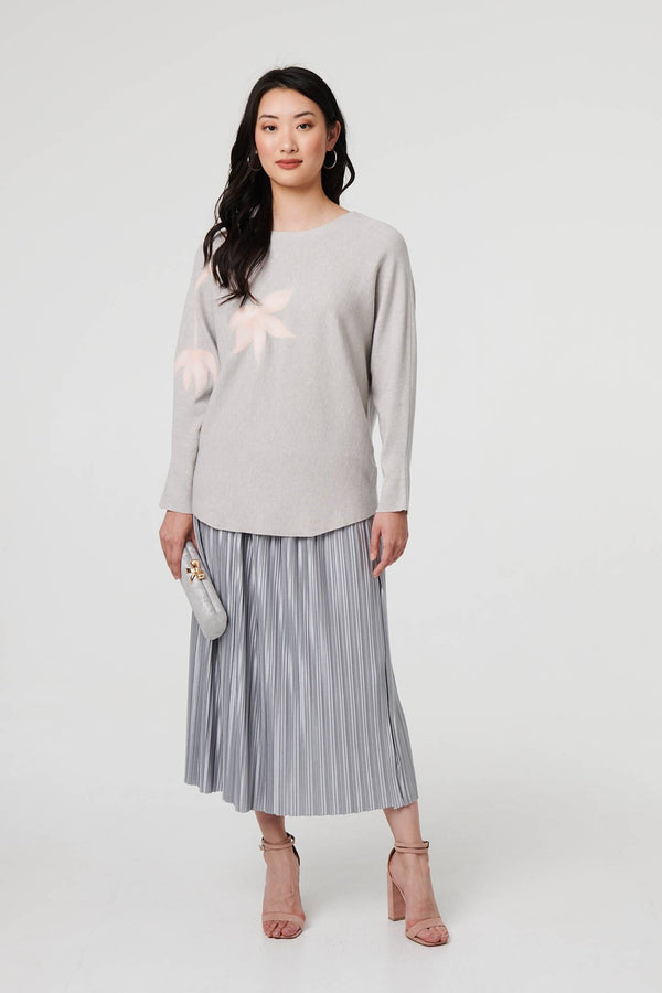 Grey | Floral Long Batwing Sleeve Relaxed Top