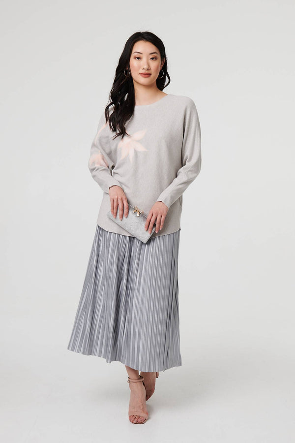 Grey | Floral Long Batwing Sleeve Relaxed Top