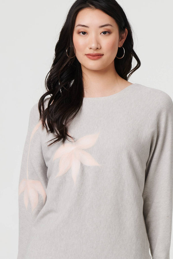 Grey | Floral Long Batwing Sleeve Relaxed Top