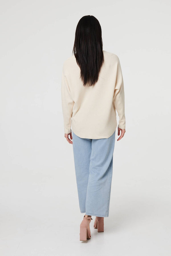 Beige | Heart Print Batwing Sleeve Jumper