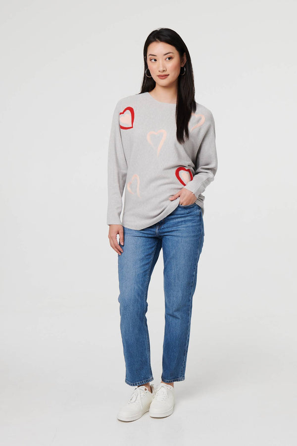 Grey | Heart Print Batwing Sleeve Jumper