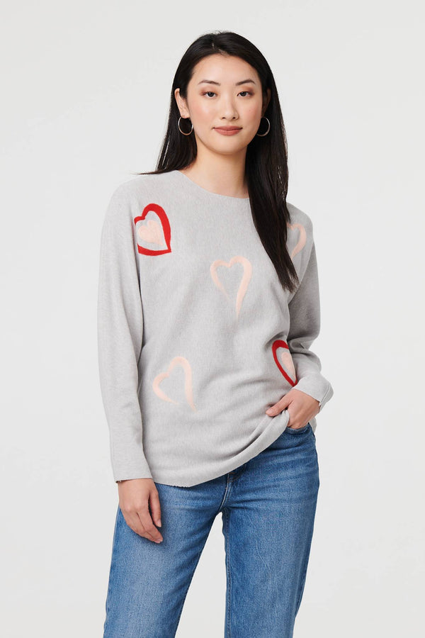 Grey | Heart Print Batwing Sleeve Jumper : Model is 5'9"/175 cm and wears UK8/EU36/US4/AUS8