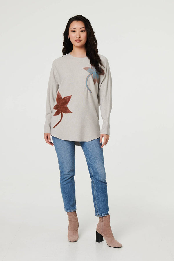 Grey | Leaf Print Batwing Sleeve Relaxed Top