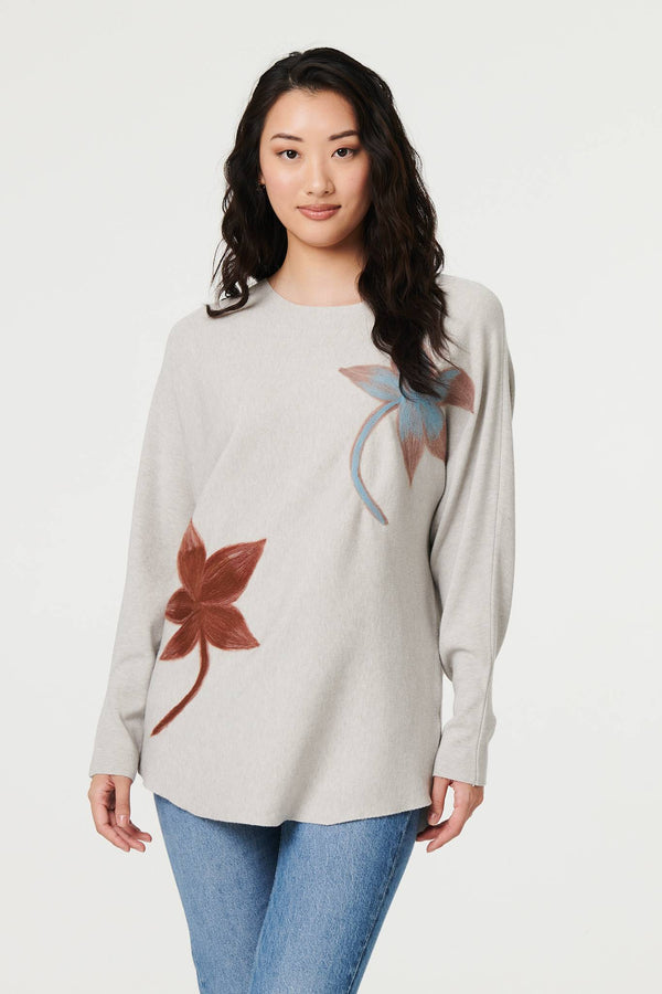 Grey | Leaf Print Batwing Sleeve Relaxed Top
