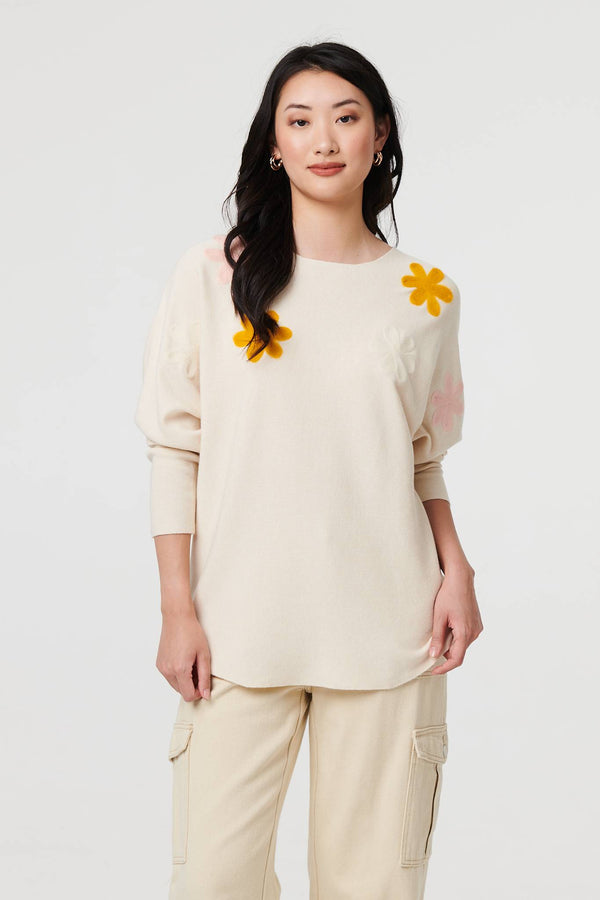 Beige | Floral Embellished Batwing Sleeve Jumper