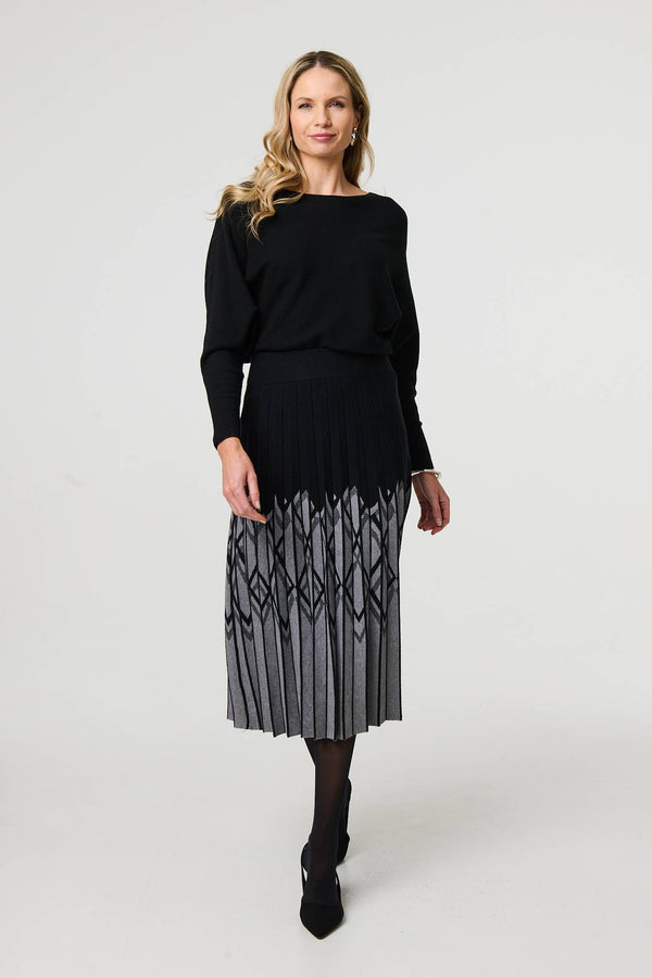 Black | Geo Print Pleated Knit Midi Skirt