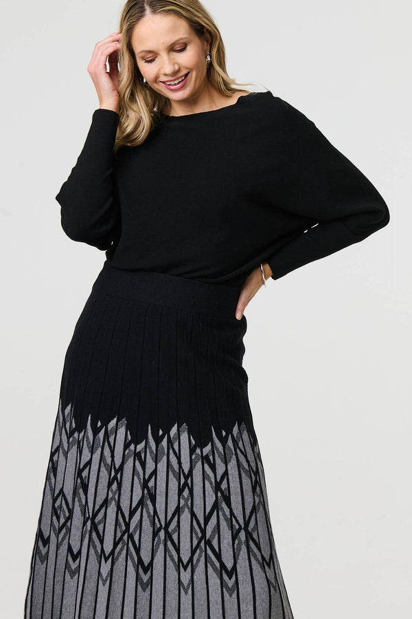 Black | Geo Print Pleated Knit Midi Skirt