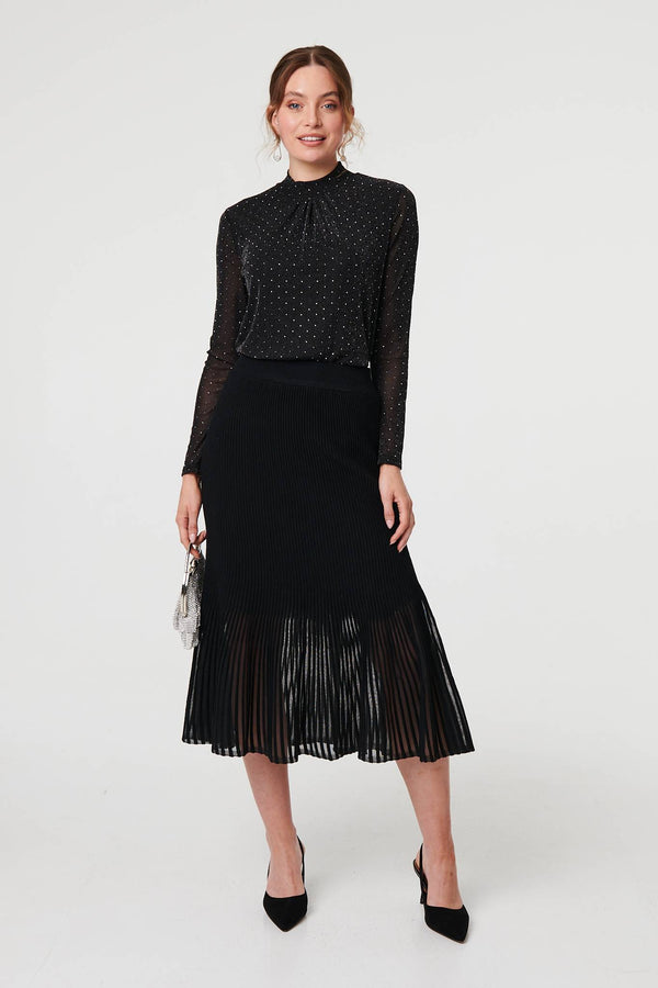 Black | Semi Sheer Pleat High Waist Midi Skirt