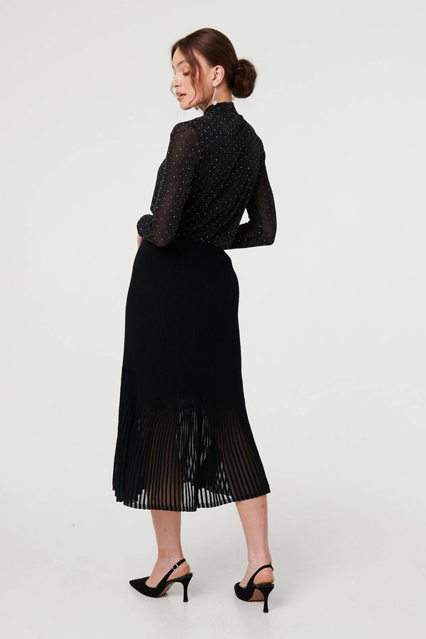 Black | Semi Sheer Pleat High Waist Midi Skirt