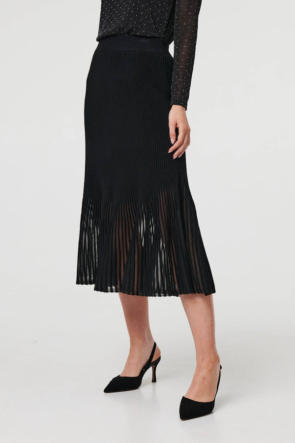 Black | Semi Sheer Pleat High Waist Midi Skirt