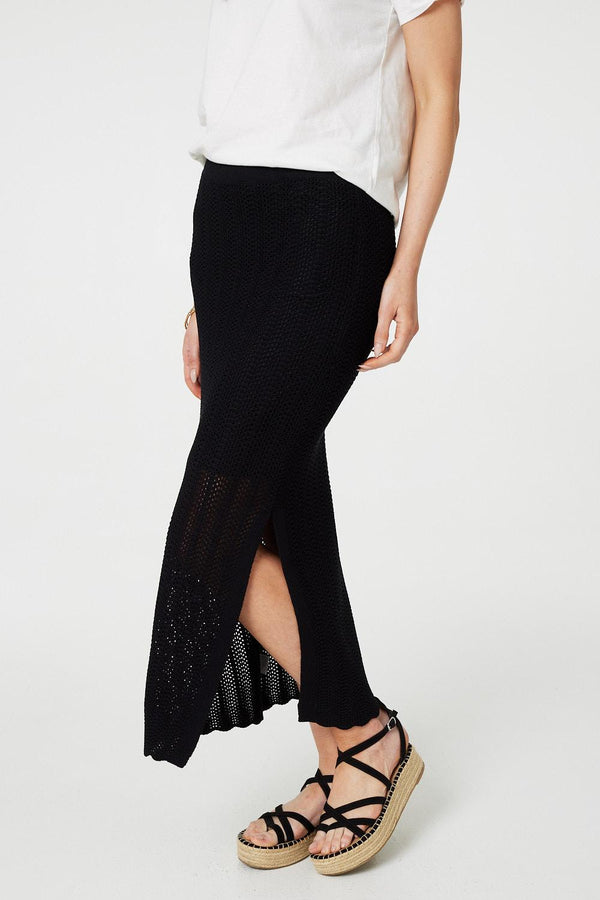Black | High Waist Crochet Knit Midi Skirt