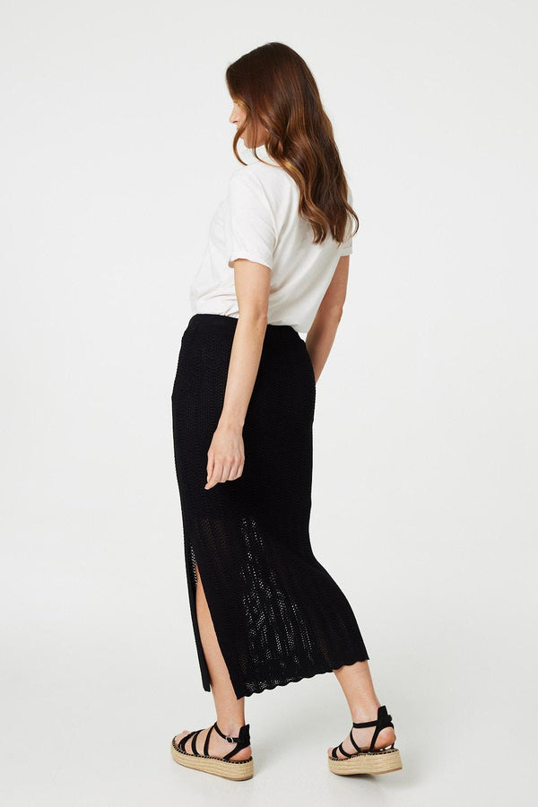 Black | High Waist Crochet Knit Midi Skirt
