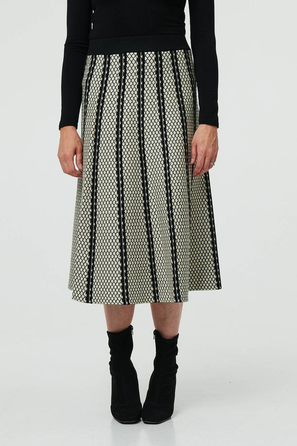 Black | Geo Print A-Line Pleated Midi Skirt