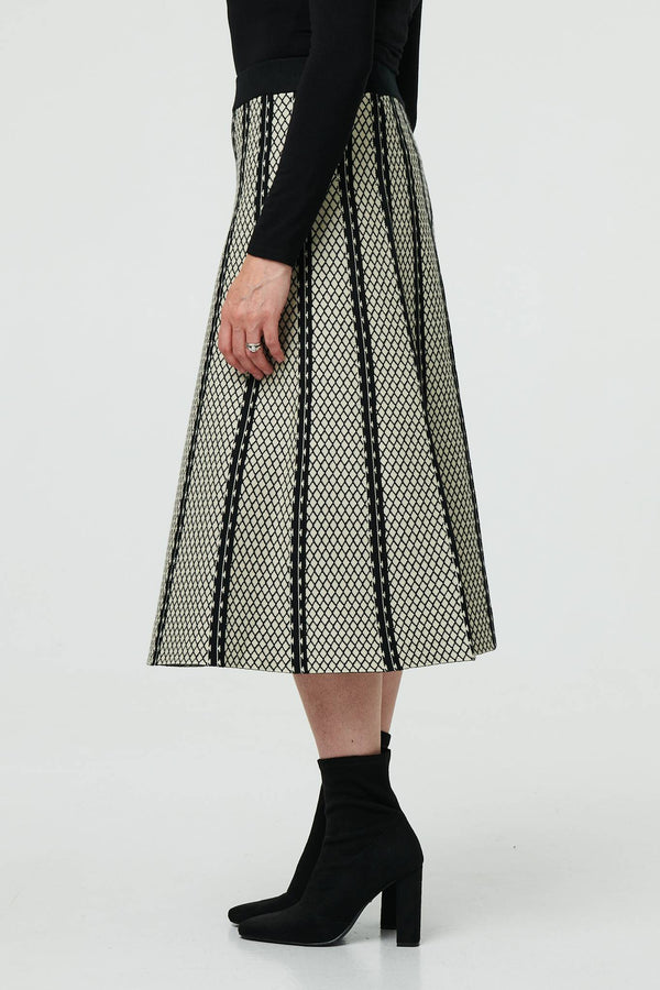 Black | Geo Print A-Line Pleated Midi Skirt