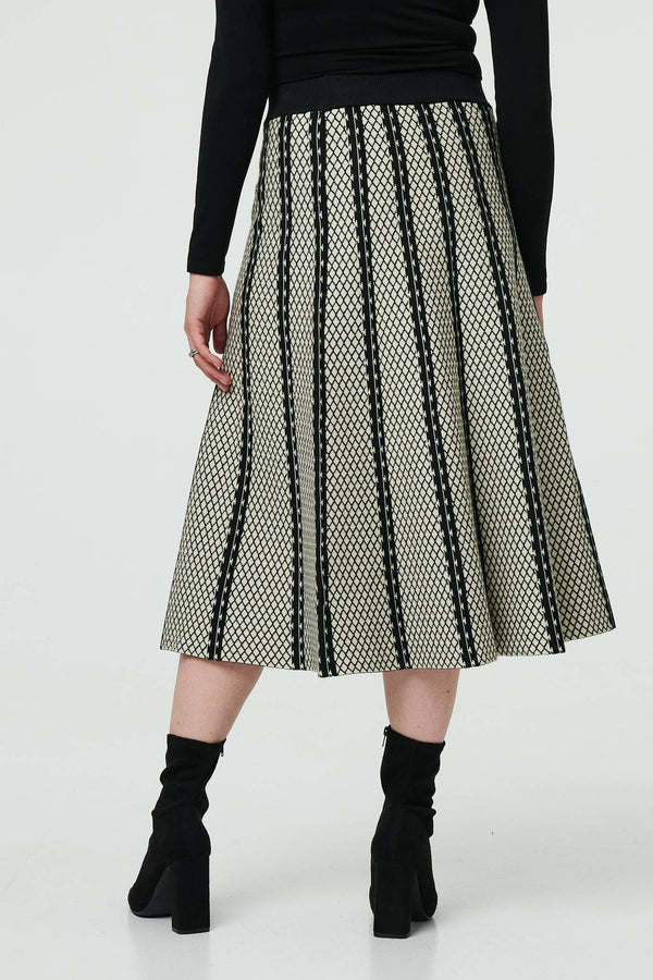 Black | Geo Print A-Line Pleated Midi Skirt