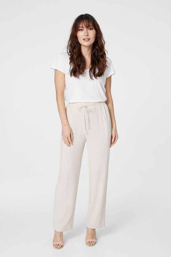 Beige | High Waist Wide Drawstring Trousers