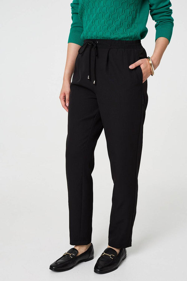 Black | Plain Drawstring Waist Slim Trousers