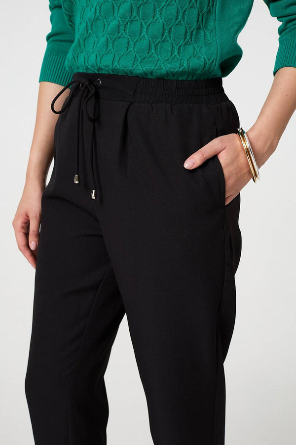 Black | Plain Drawstring Waist Slim Trousers