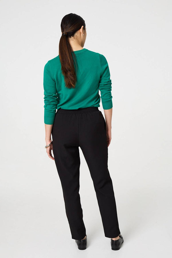 Black | Plain Drawstring Waist Slim Trousers