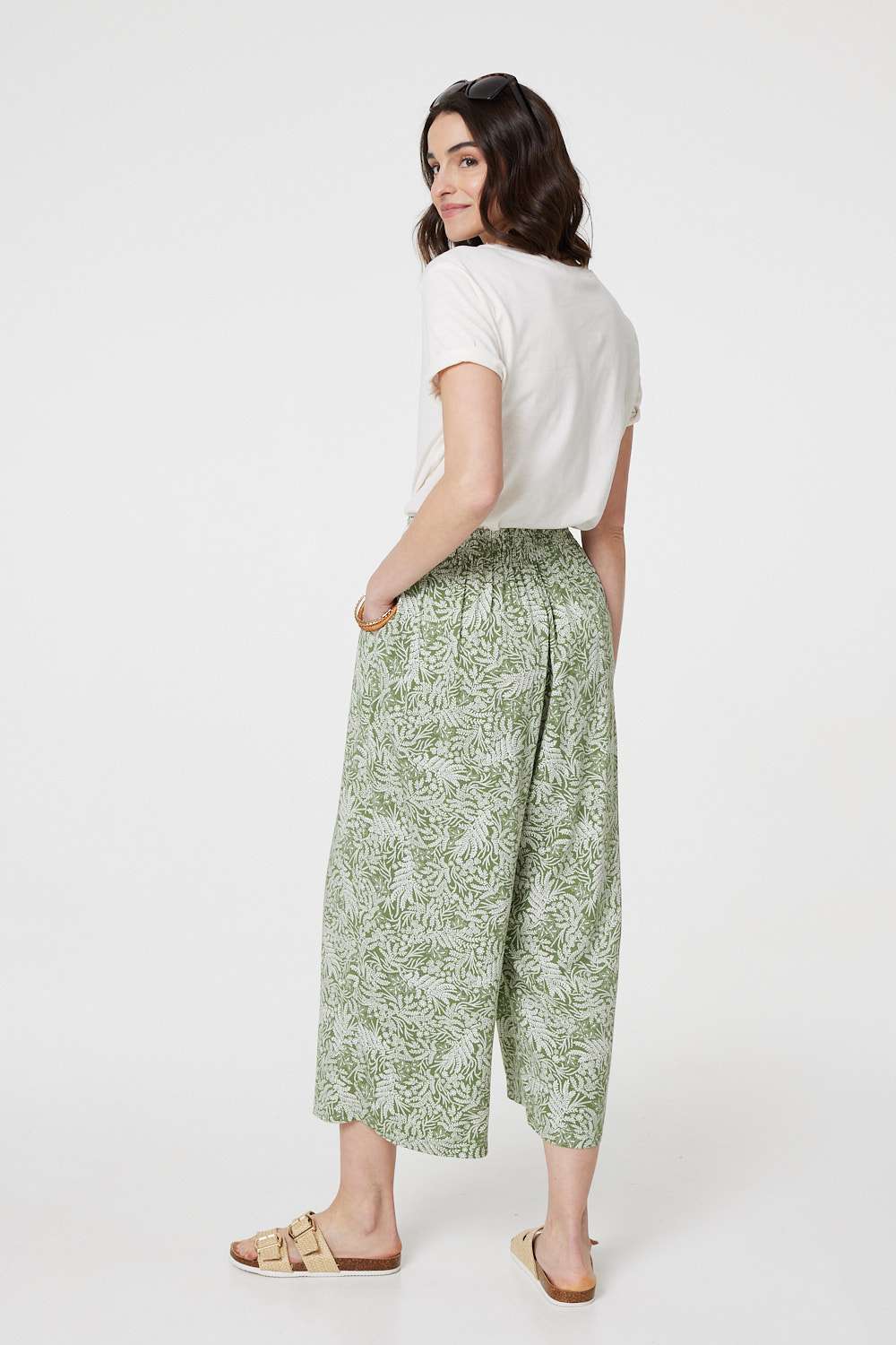 Green | Leaf Print Pleat-Front Wide Leg Culottes