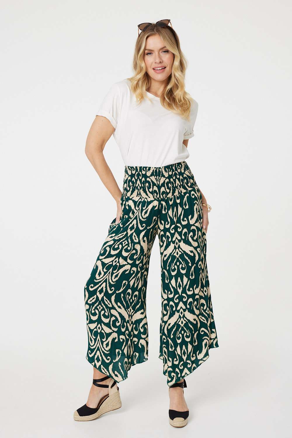 Green | Printed Shirred Waist Wide Leg Trousers