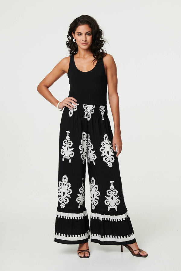 Black | Ikat Print High Waist Wide Leg Trousers
