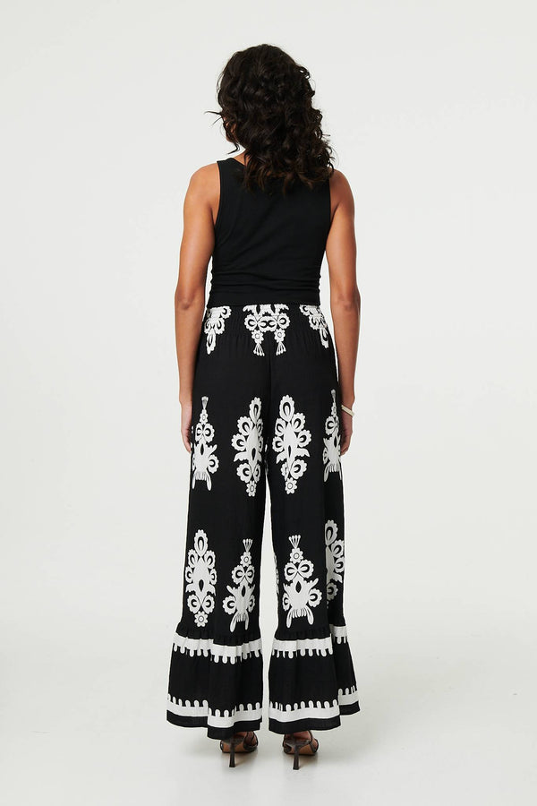 Black | Ikat Print High Waist Wide Leg Trousers