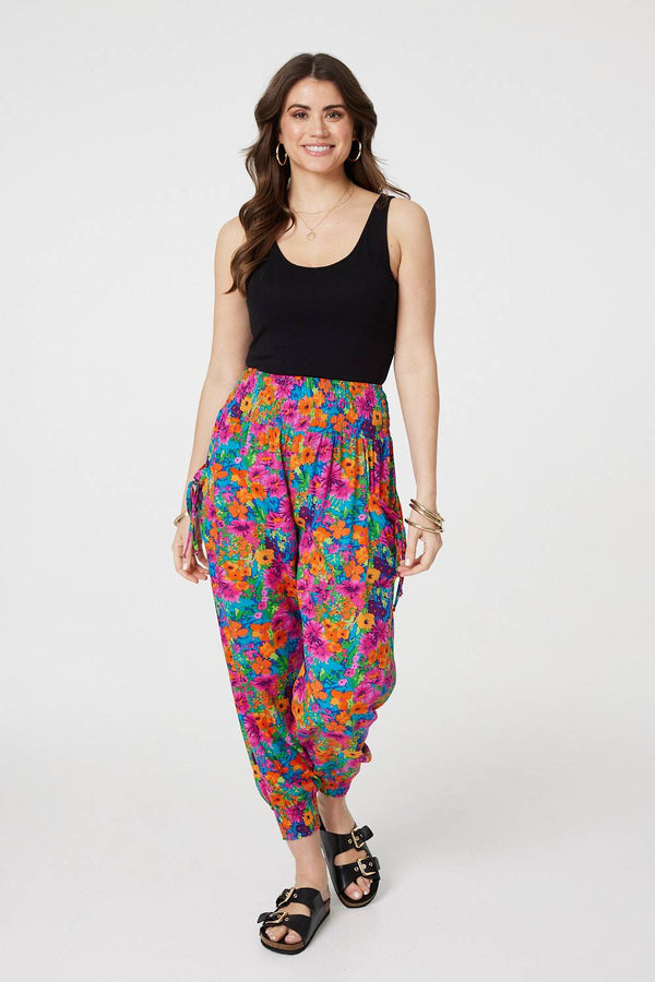 Pink | Floral Shirred High Waist Harem Pants