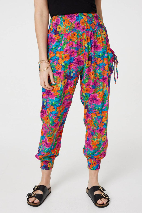 Pink | Floral Shirred High Waist Harem Pants