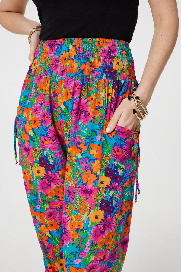 Pink | Floral Shirred High Waist Harem Pants