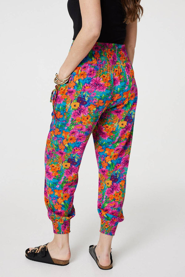 Pink | Floral Shirred High Waist Harem Pants
