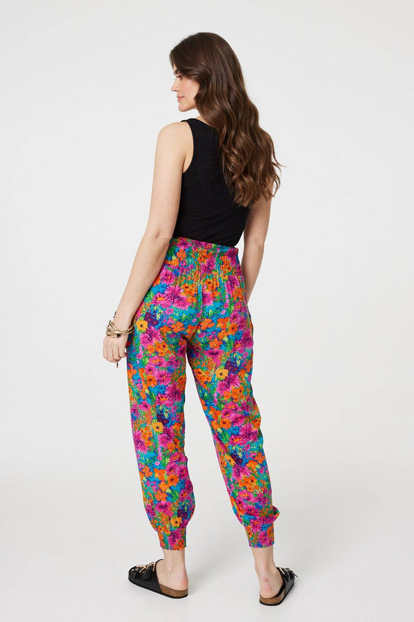 Pink | Floral Shirred High Waist Harem Pants