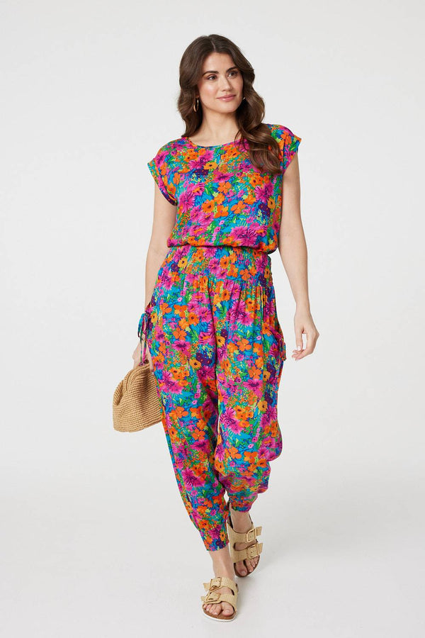 Pink | Floral Shirred High Waist Harem Pants