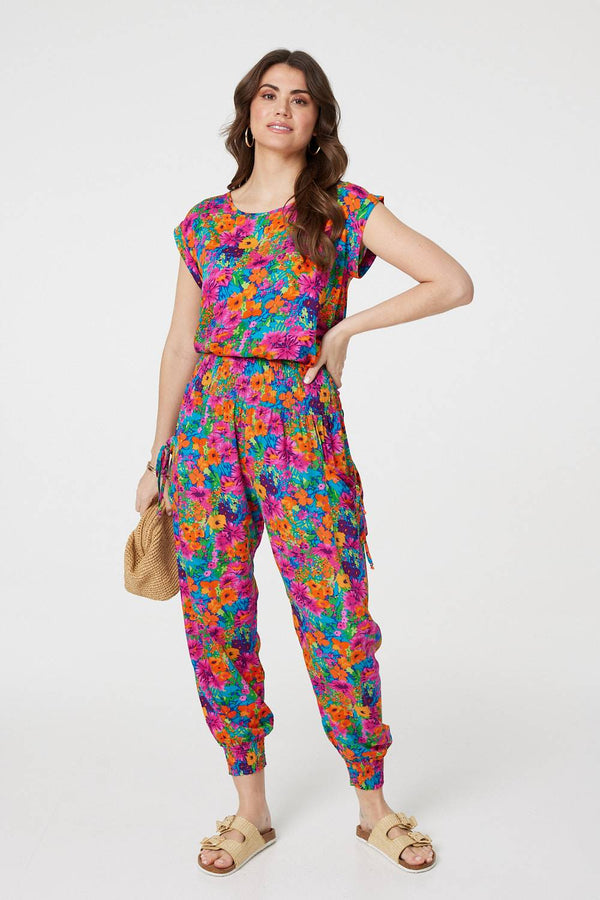 Pink | Floral Shirred High Waist Harem Pants