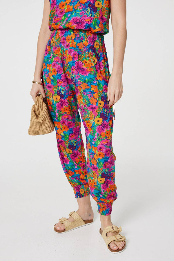 Pink | Floral Shirred High Waist Harem Pants