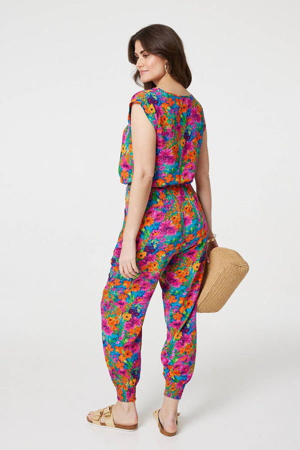 Pink | Floral Shirred High Waist Harem Pants