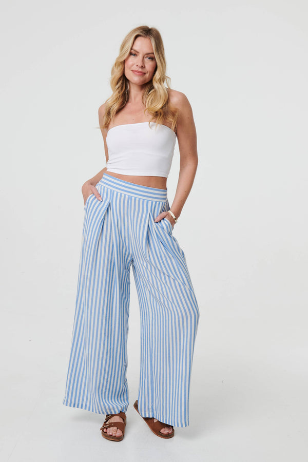 Blue | Striped High Waist Wide Leg Trousers