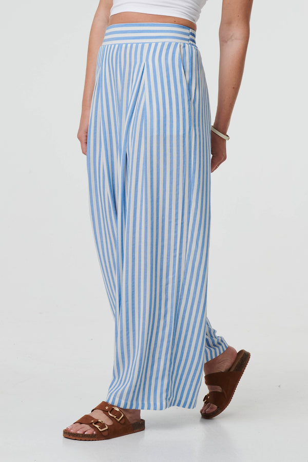 Blue | Striped High Waist Wide Leg Trousers