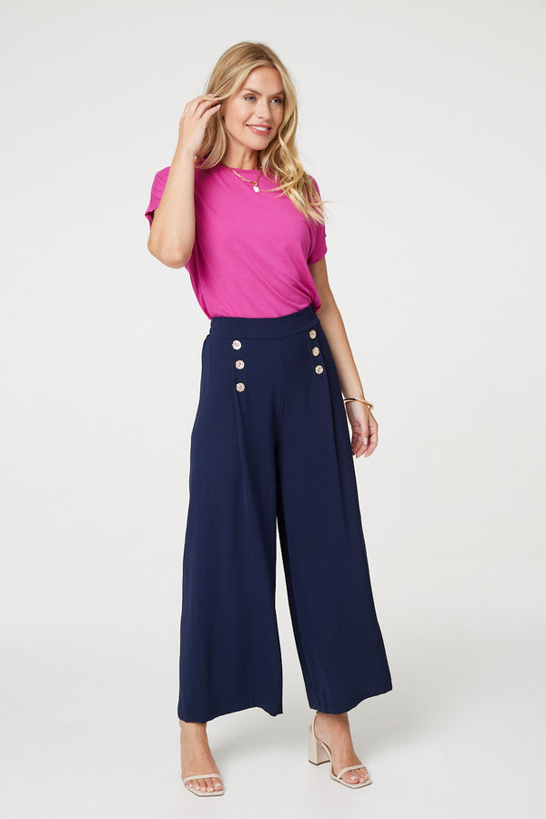 Navy | Button Detail Wide Leg Trousers