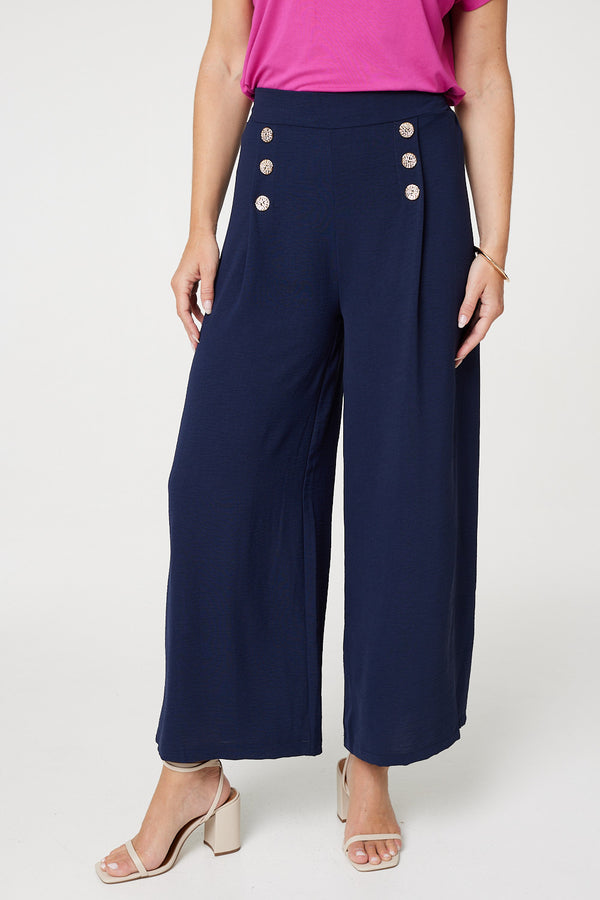 Navy | Button Detail Wide Leg Trousers