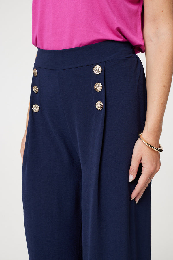 Navy | Button Detail Wide Leg Trousers