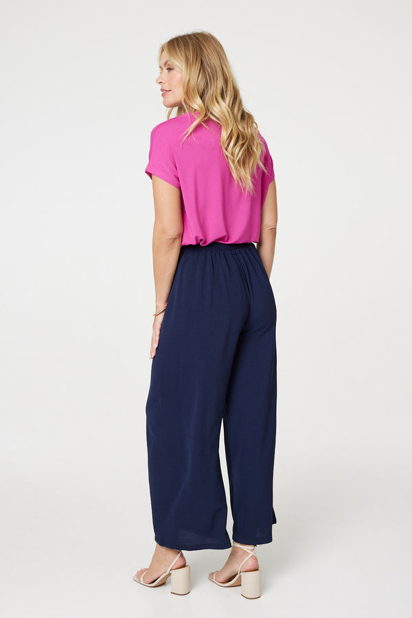 Navy | Button Detail Wide Leg Trousers
