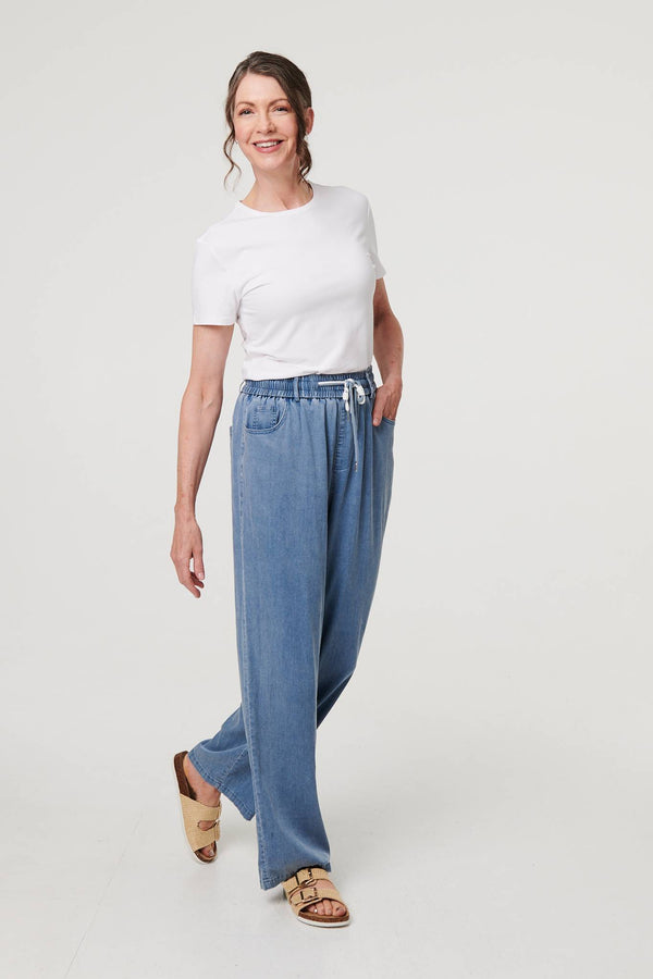 Blue | Denim Elasticated Waist Crop Trousers