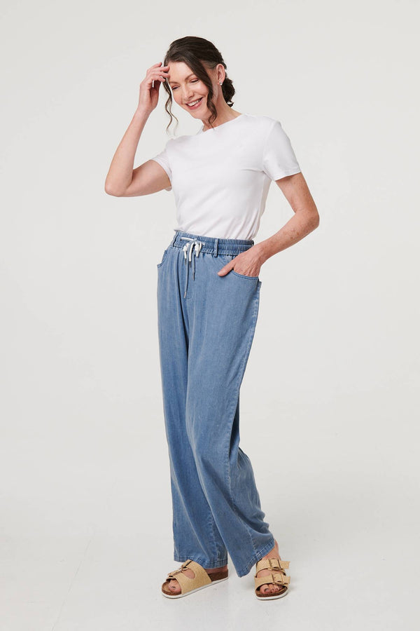 Blue | Denim Elasticated Waist Crop Trousers