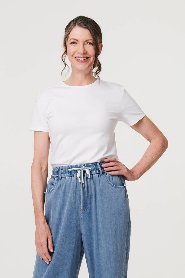 Blue | Denim Elasticated Waist Crop Trousers