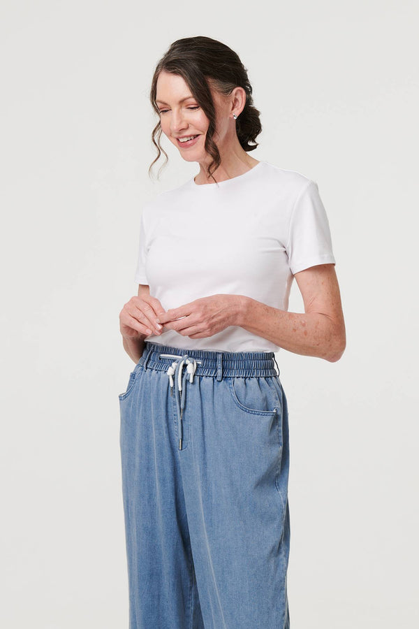 Blue | Denim Elasticated Waist Crop Trousers