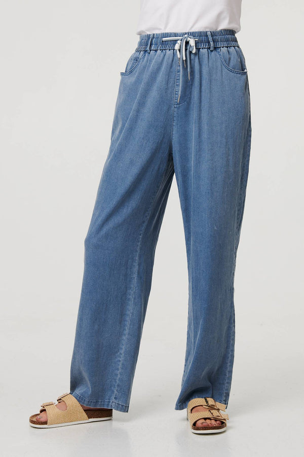Blue | Denim Elasticated Waist Crop Trousers