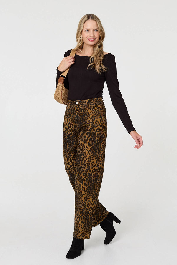 Brown | Animal Print High Waist Wide Leg Jeans : Model is 5'10"/178 cm and wears UK10/EU38/US6/AUS10
