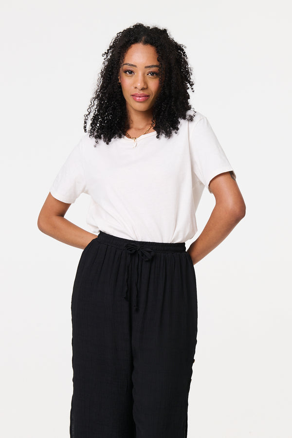Black | High Waist Layered Hem Cropped Trousers