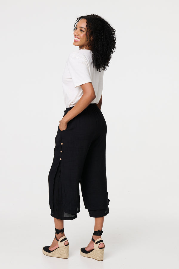 Black | High Waist Layered Hem Cropped Trousers